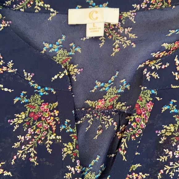 Navy floral top with lined bodice & sheer sleeves EUC - Picture 5 of 11